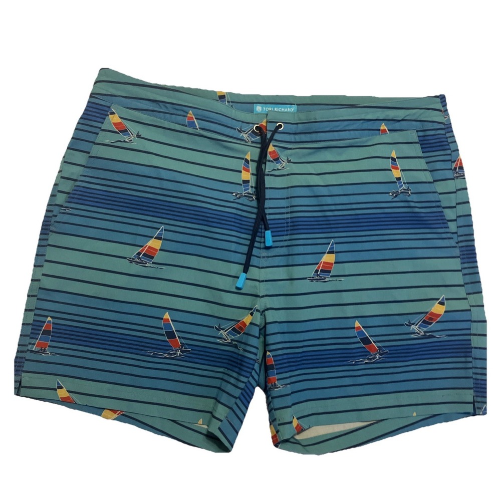 Tori Richard Swim Shorts‎ Mens 38 Blue Sail Boats Quick Dry UPF Tradewind Tech